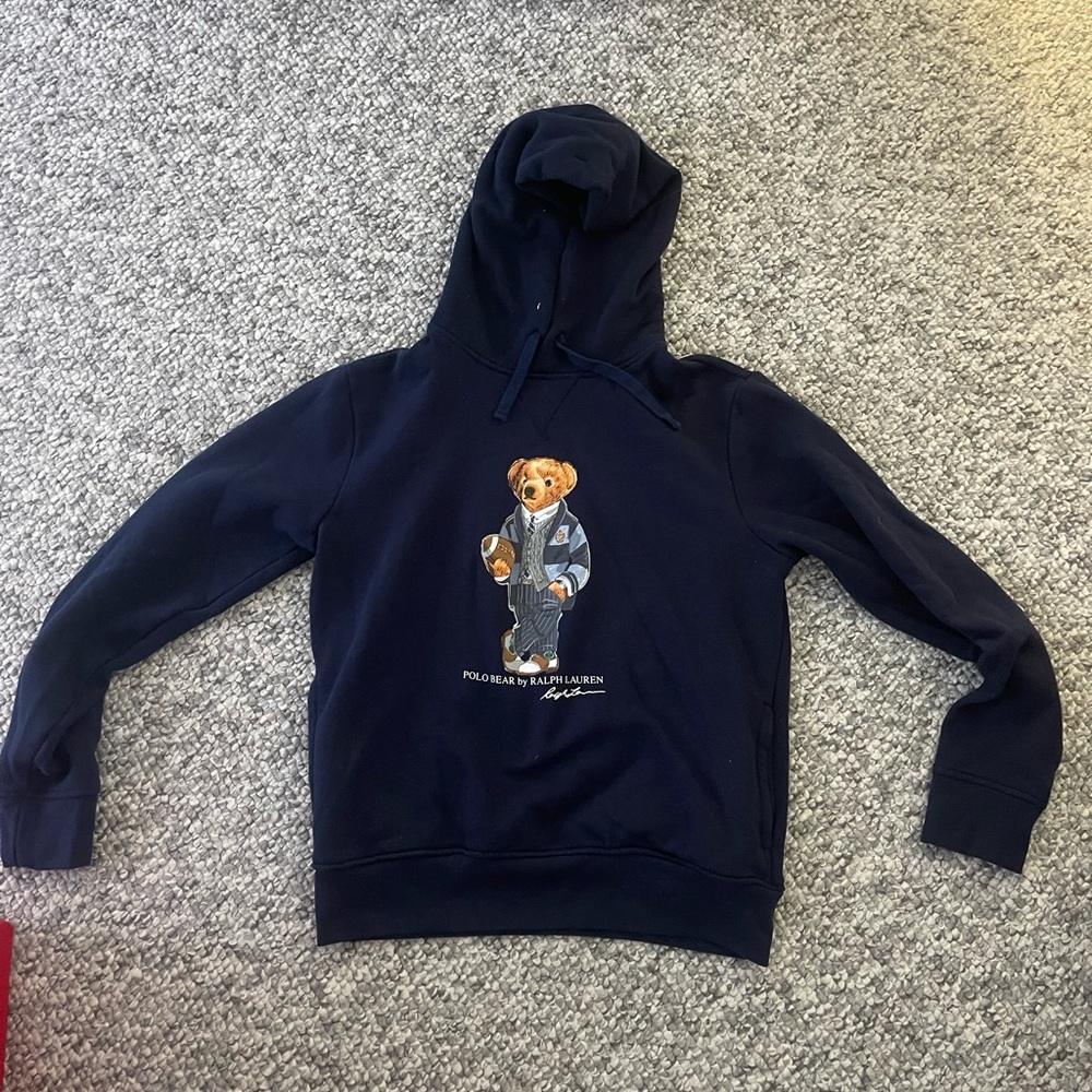 Ralph Lauren navy polo bear with football hooded sweatshirt size small